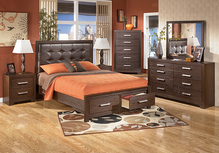 Aleydis Queen Upholstered Storage Bed, Dresser, Mirror, Chest & Night Stand