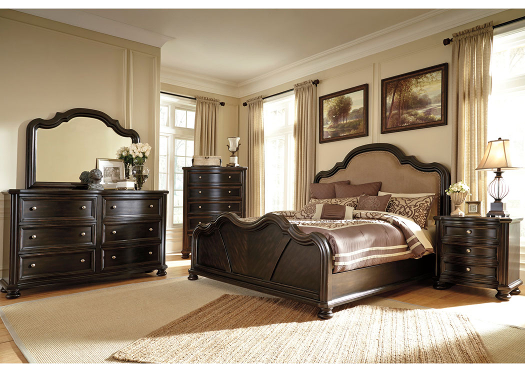 Shardinelle Queen Upholstered Bed, Dresser, Mirror & Chest,Benchcraft