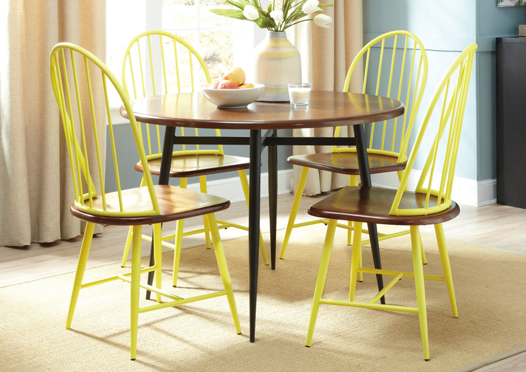 Shanilee Round Dining Table w/ 4 Yellow Side Chairs