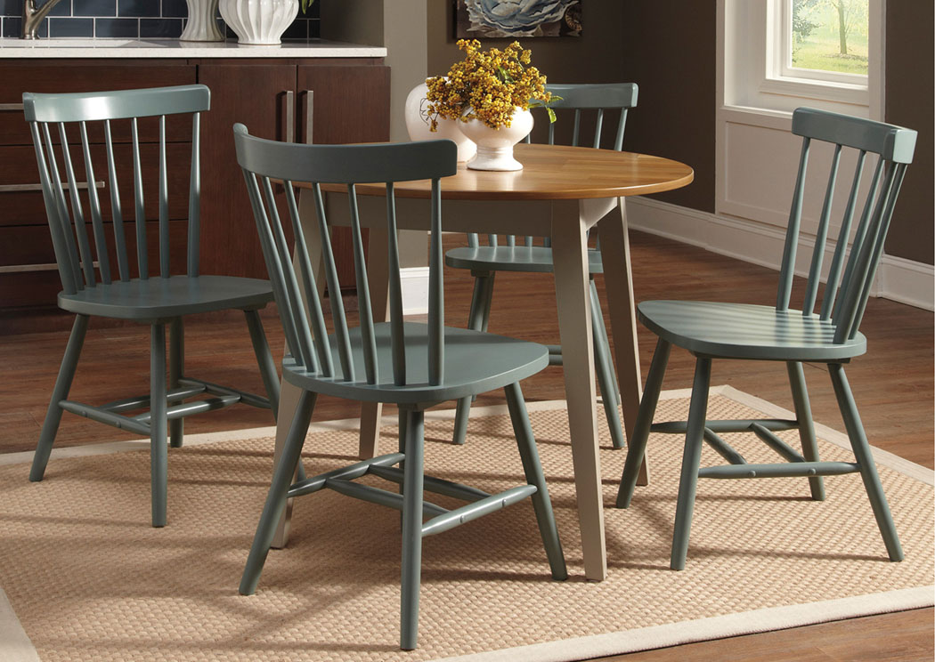 Bantilly Light Gray Round Dining Room Table w/ 4 Blue Side Chairs,Signature Design by Ashley