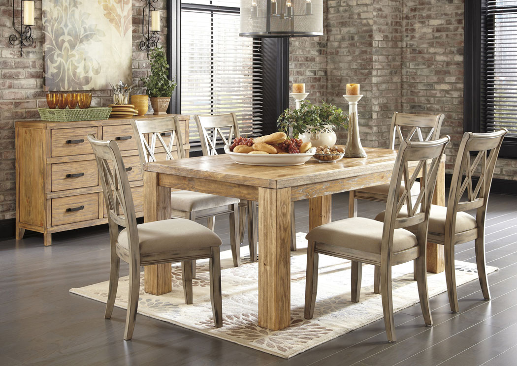 Mestler Medium Brown Rectangular Dining Table w/ 6 Antique White Upholstered Side Chairs,Signature Design by Ashley