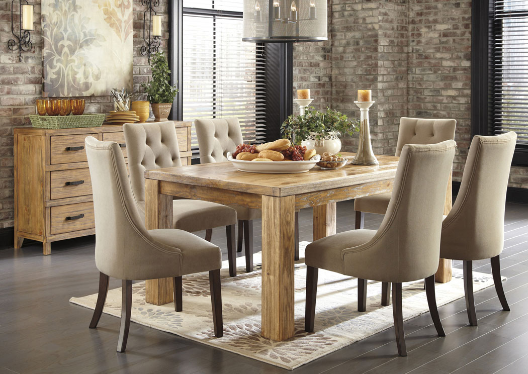 Mestler Medium Brown Rectangular Dining Table w/ 6 Light Brown Upholstered Side Chairs,Signature Design by Ashley