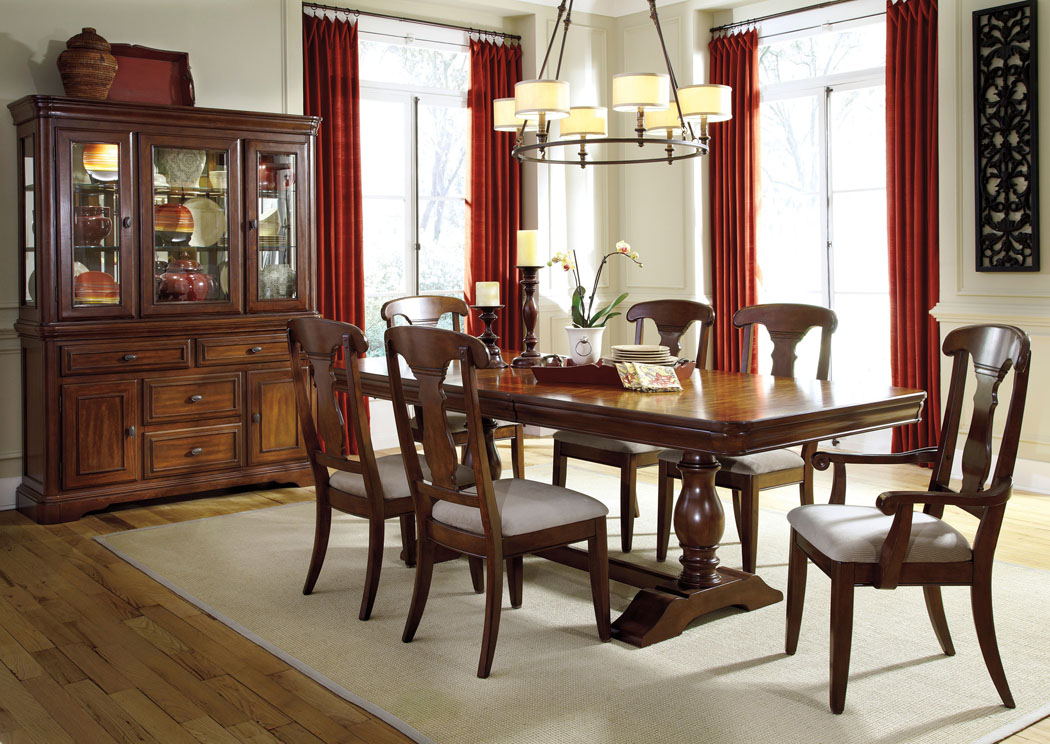 Leximore Double Pedestal Table w/ 4 Side Chairs, 2 Arm Chairs, Server & Hutch,Benchcraft