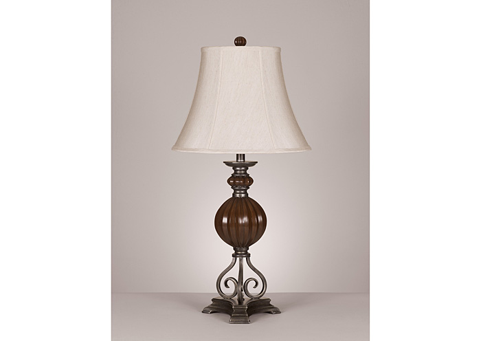 Pewter & Wood Finish Olsa Poly Table Lamp (Set of 2),Signature Design by Ashley
