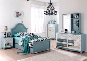 Mivara Twin Panel Bed w/ Storage Trundle, Dresser & Mirror