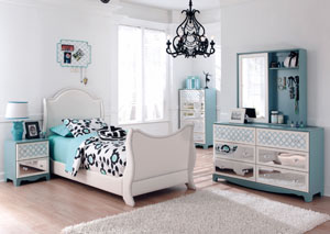 Mivara Twin Upholstered Sleigh Bed, Dresser & Mirror