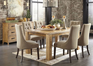 Mestler Medium Brown Rectangular Dining Table w/ 6 Light Brown Upholstered Side Chairs