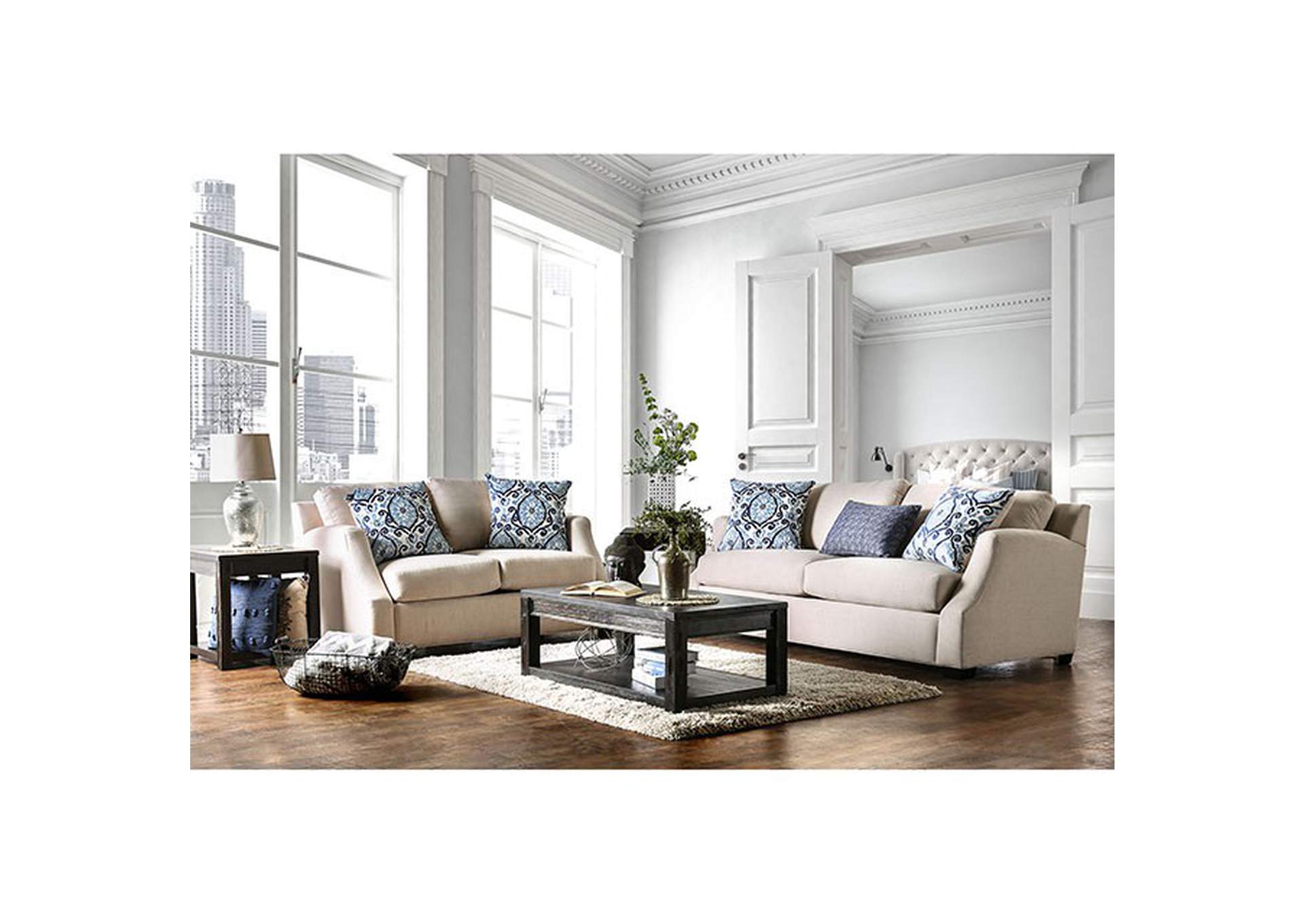 363136 Beltran Blue Beige Sofa And Loveseat Set W Pillows