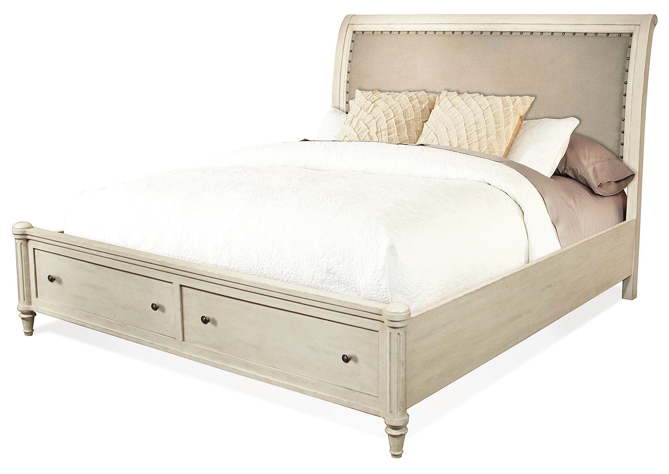 Huntleigh Vintage White Queen Sleigh Upholstered Storage Bed Kirk Imports