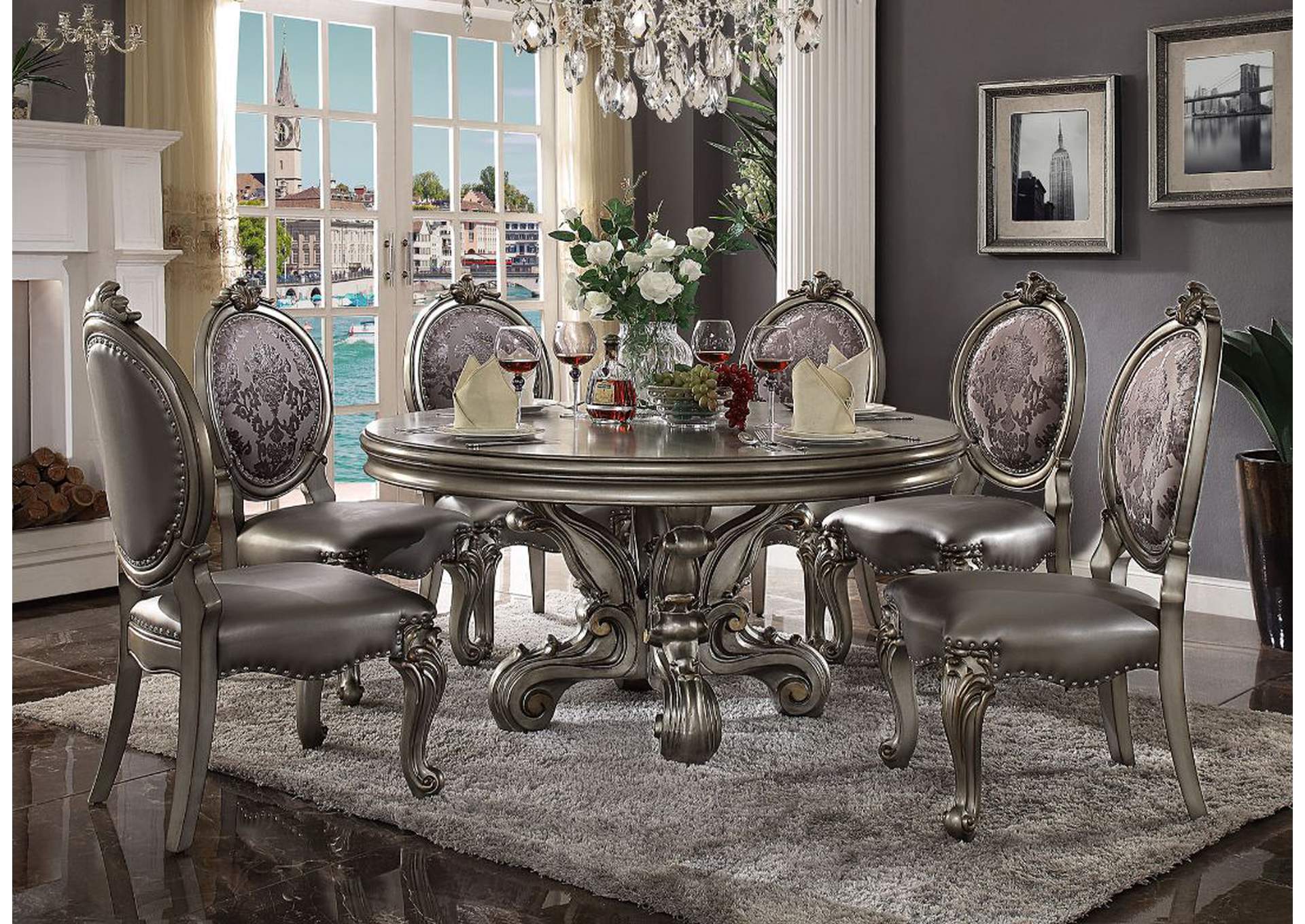 Versailles Antique Platinum Round Dining Table W 6 Side Chair Furniture And More For Less