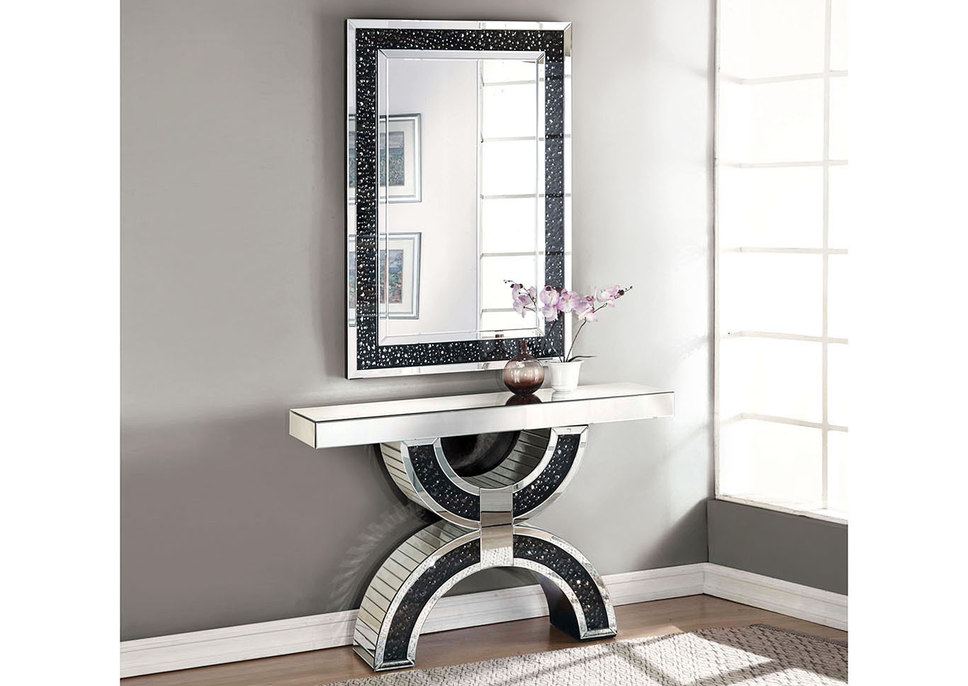 Mattress World Ii Inc Noor Mirrored Faux Gemstones Console Table