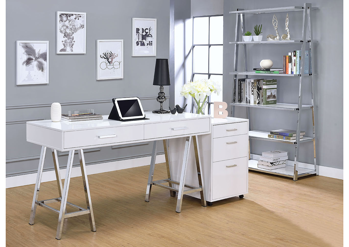 Coleen White Chrome File Cabinet Furniture Comfort Zone