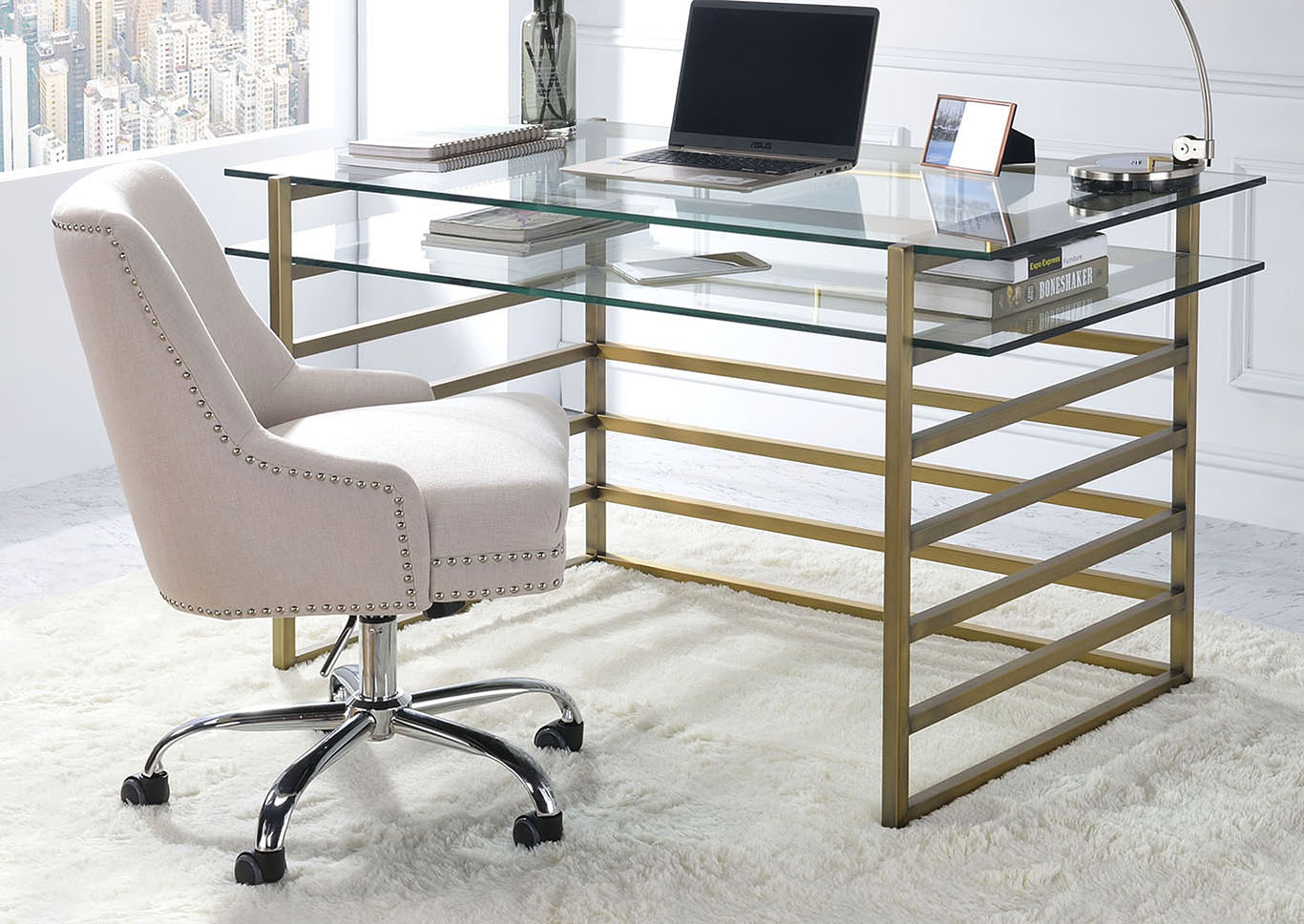 Best Buy Furniture And Mattress Shona Antique Gold Clear Glass Desk