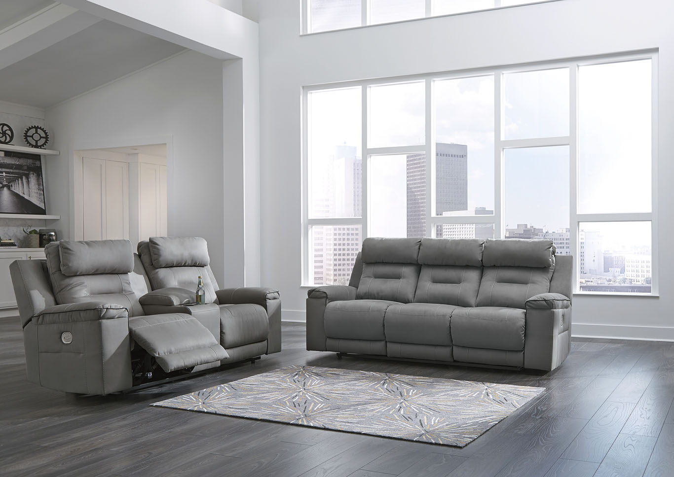  Trampton Smoke Power Reclining Sofa Loveseat w Console 