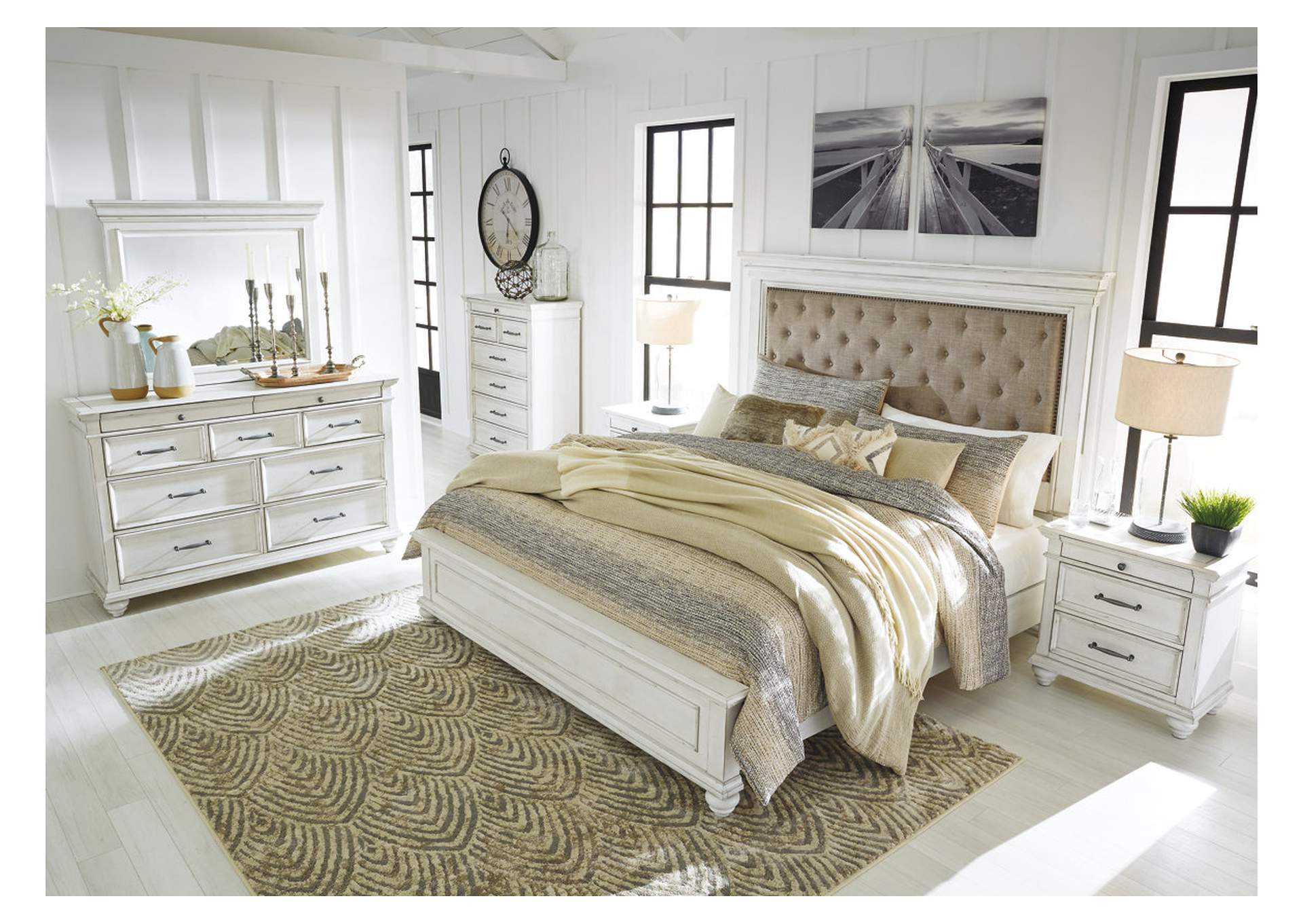 Kanwyn Whitewash Queen Upholstered Panel Bed Warehouse Furniture