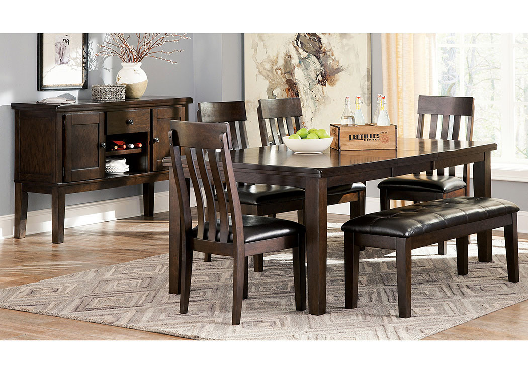 Haddigan Dark Brown Rectangle Dining Room Extension Table W 4 Upholstered Side Chairs Bench Server Langlois Furniture Muskegon Mi