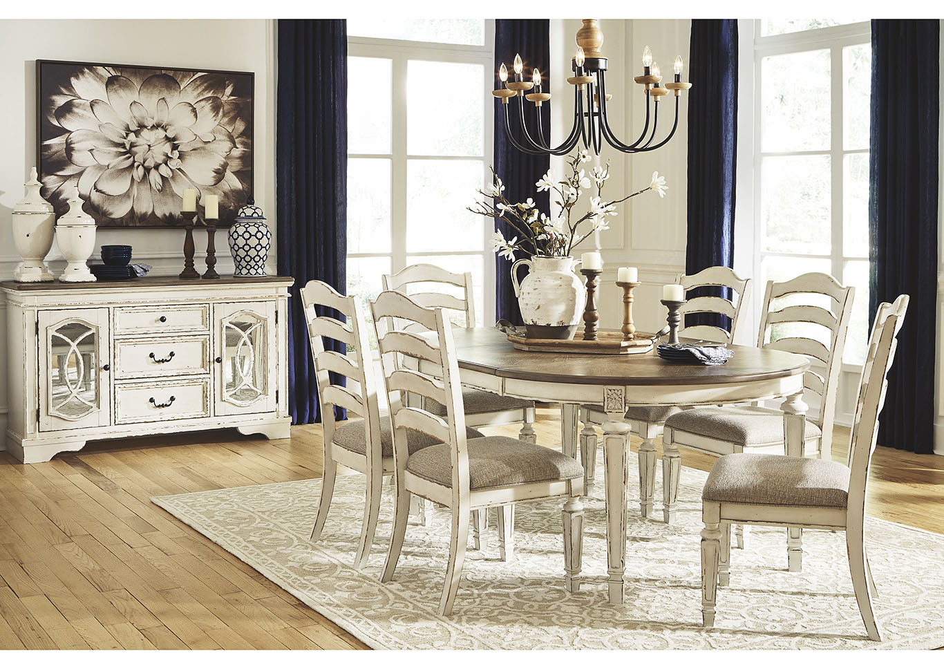 Realyn Chipped White Dining Set W 6 Side Chairs Landmark Home