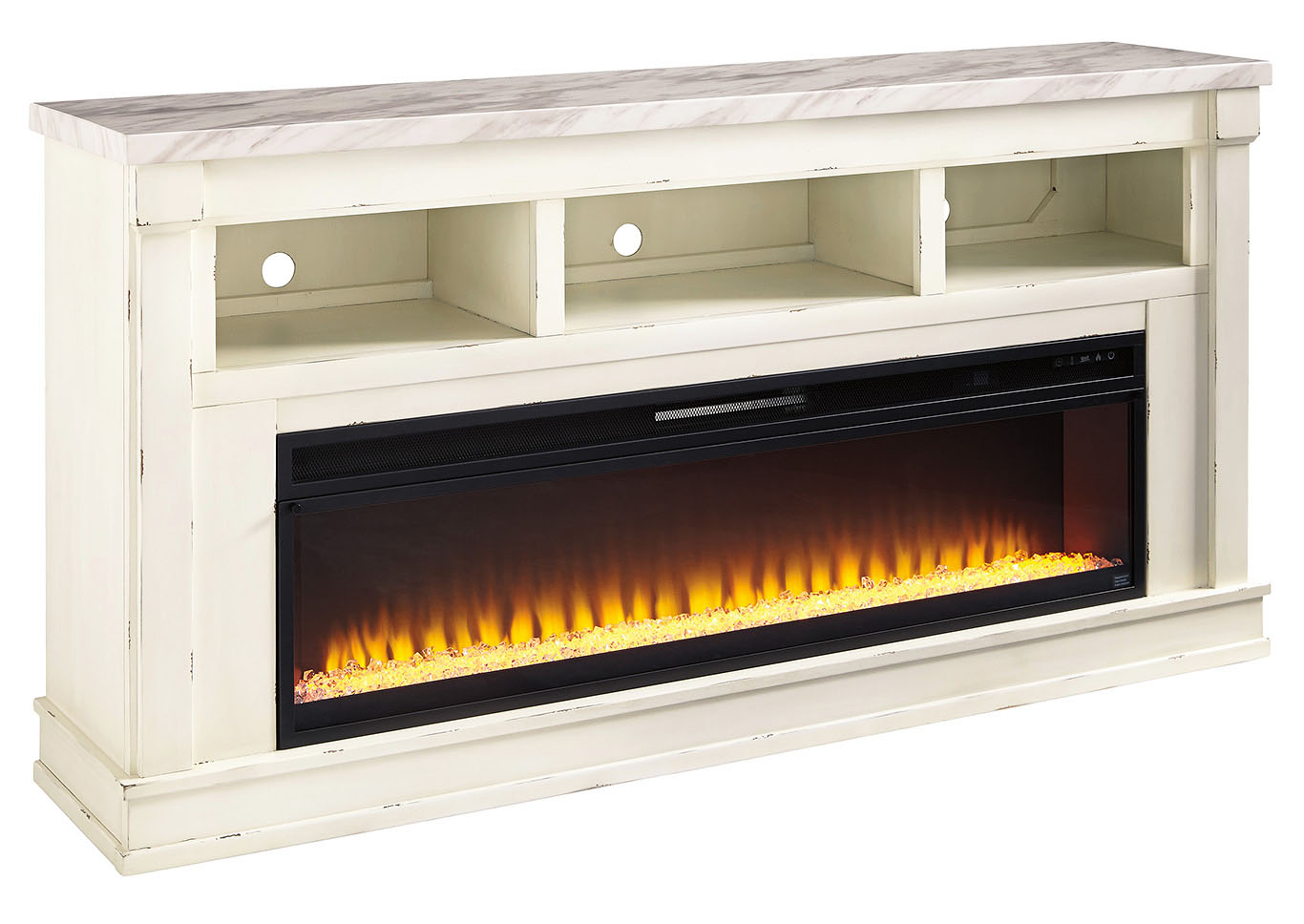 Curly S Furniture Becklyn Chipped White Xl Tv Stand W Fireplace