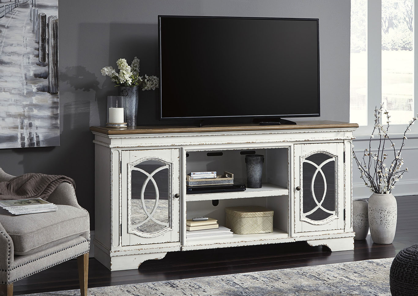 Realyn White XL TV Stand Goose Hollow Furniture