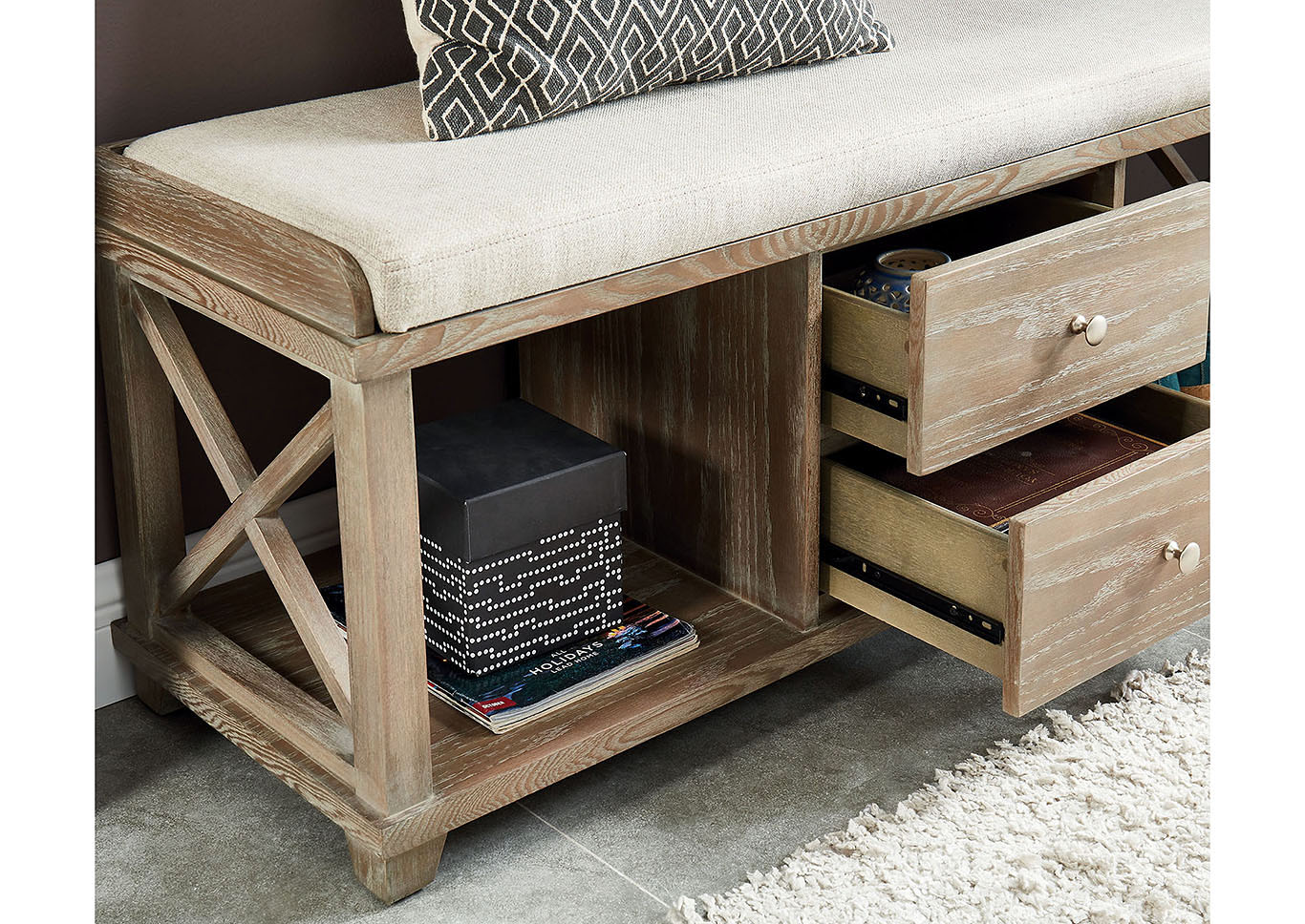 Peaceful Living Furniture Gracelyn Weathered Oak Shoe Bench W 2