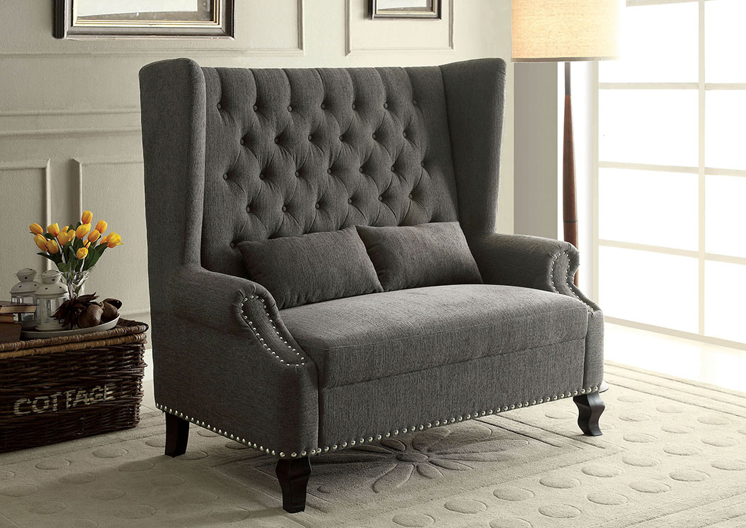 Alcacer Gray Wingback Loveseat W Button Tufting 2 Pillows Lion Furniture Center