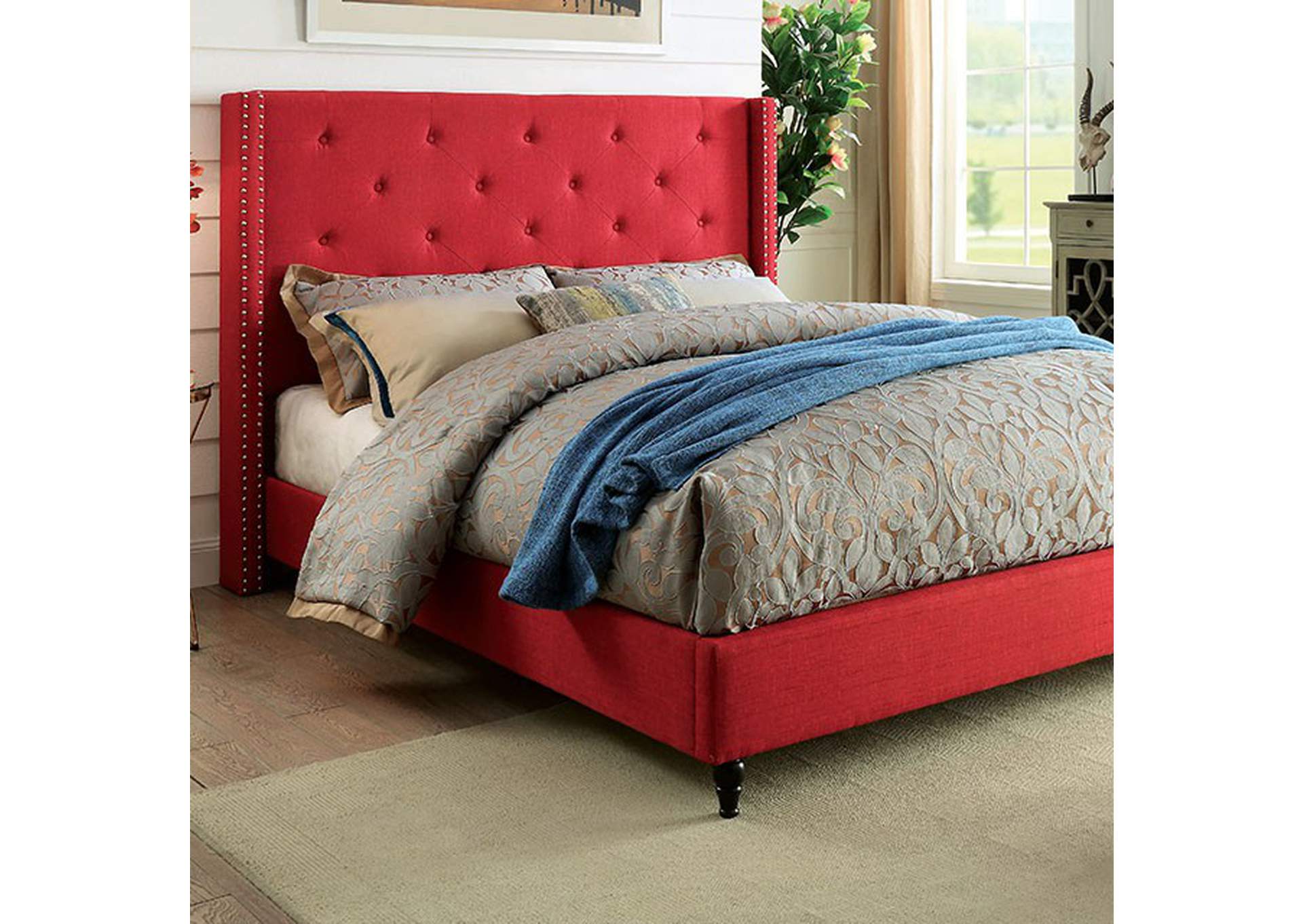 Anabelle Red Upholstered Queen Platform Bed,Furniture of America.