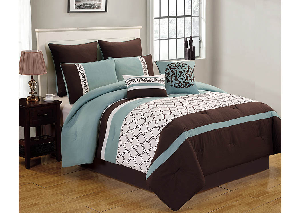 Fraley S Furniture Gallery Teagen Brown Teal Ivory 8 Piece Queen