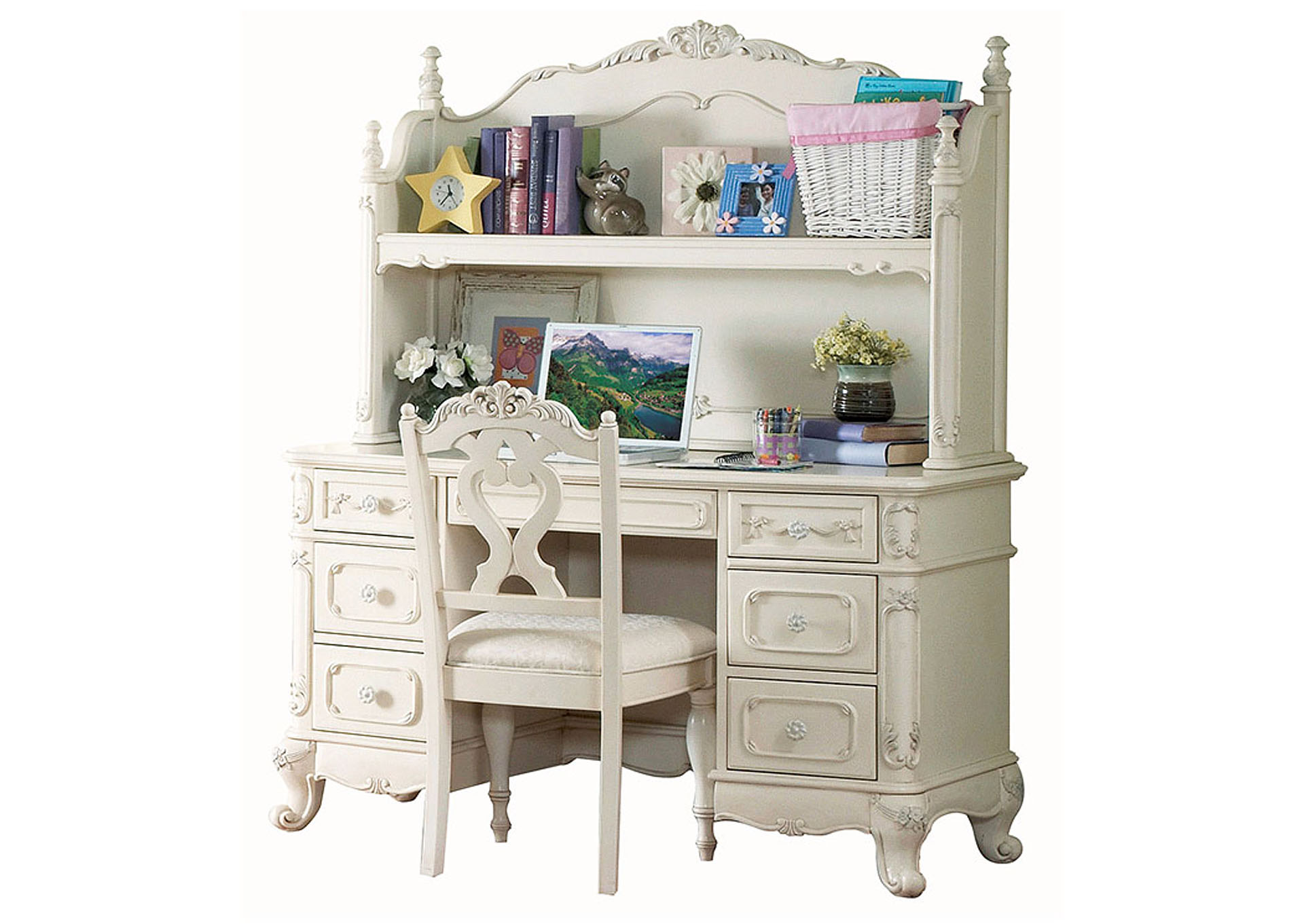 New Deal Mercantile Furniture Cinderella White Writing Hutch Desk Set