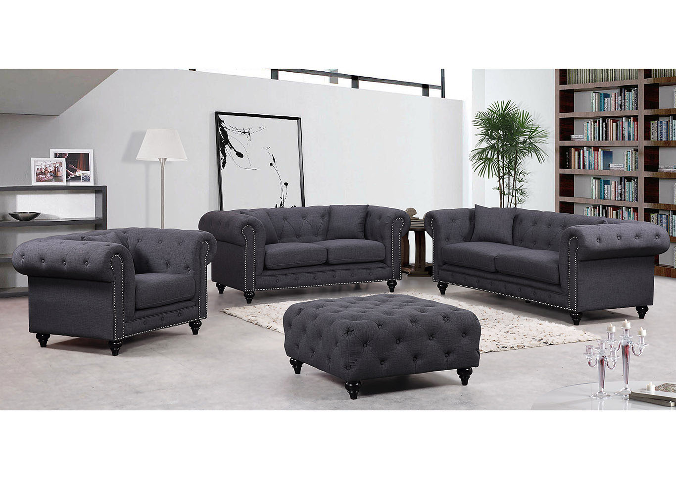 Harlem Furniture Chesterfield Grey Linen Sofa And Loveseat