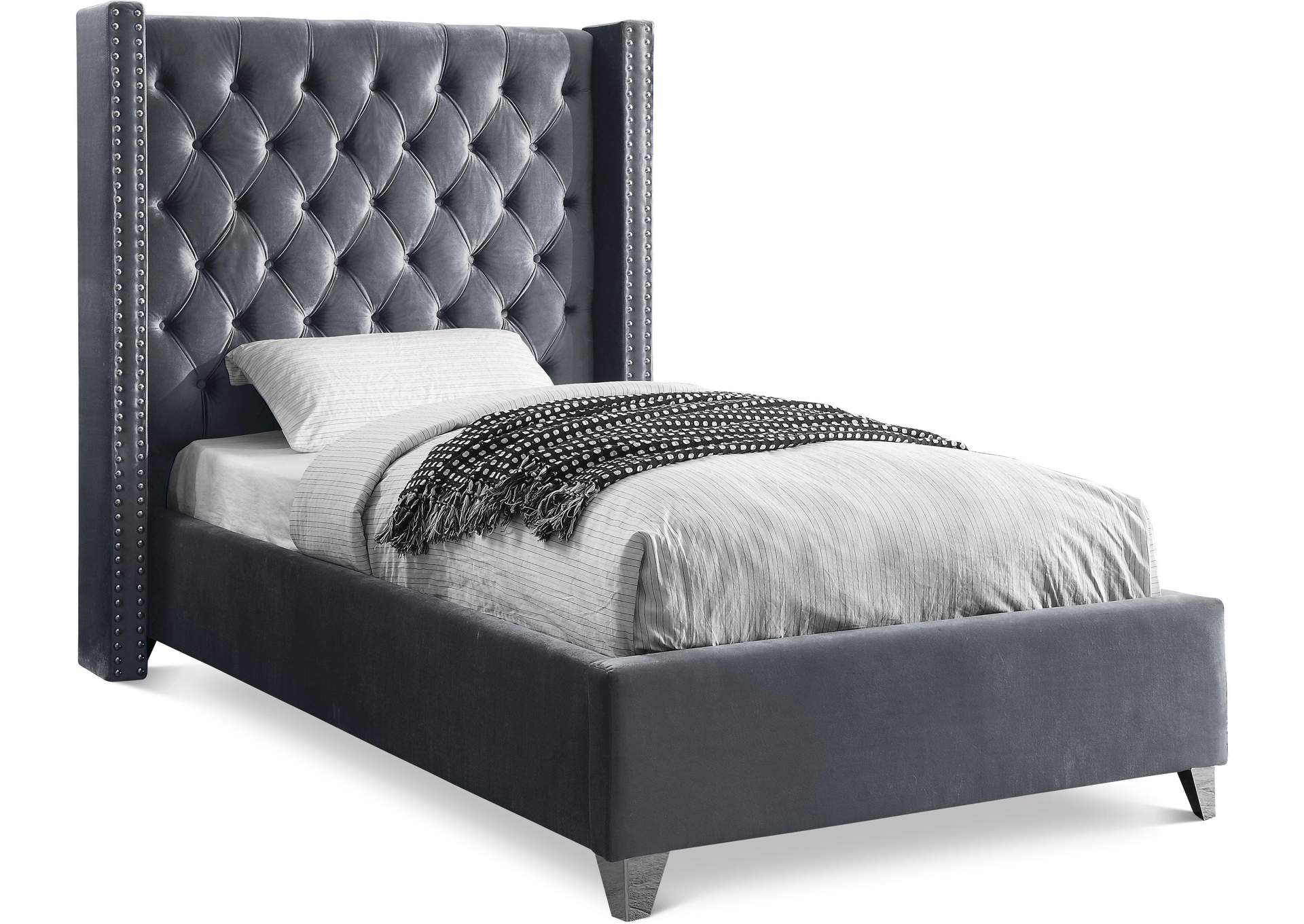 Aiden Grey Velvet Twin Bed Renaissance
