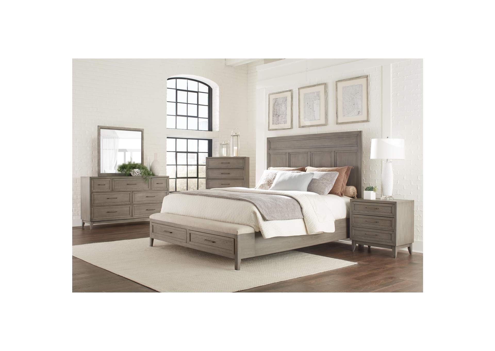 Kirk Imports Vogue Gray Wash King Panel Storage Bed W Dresser And