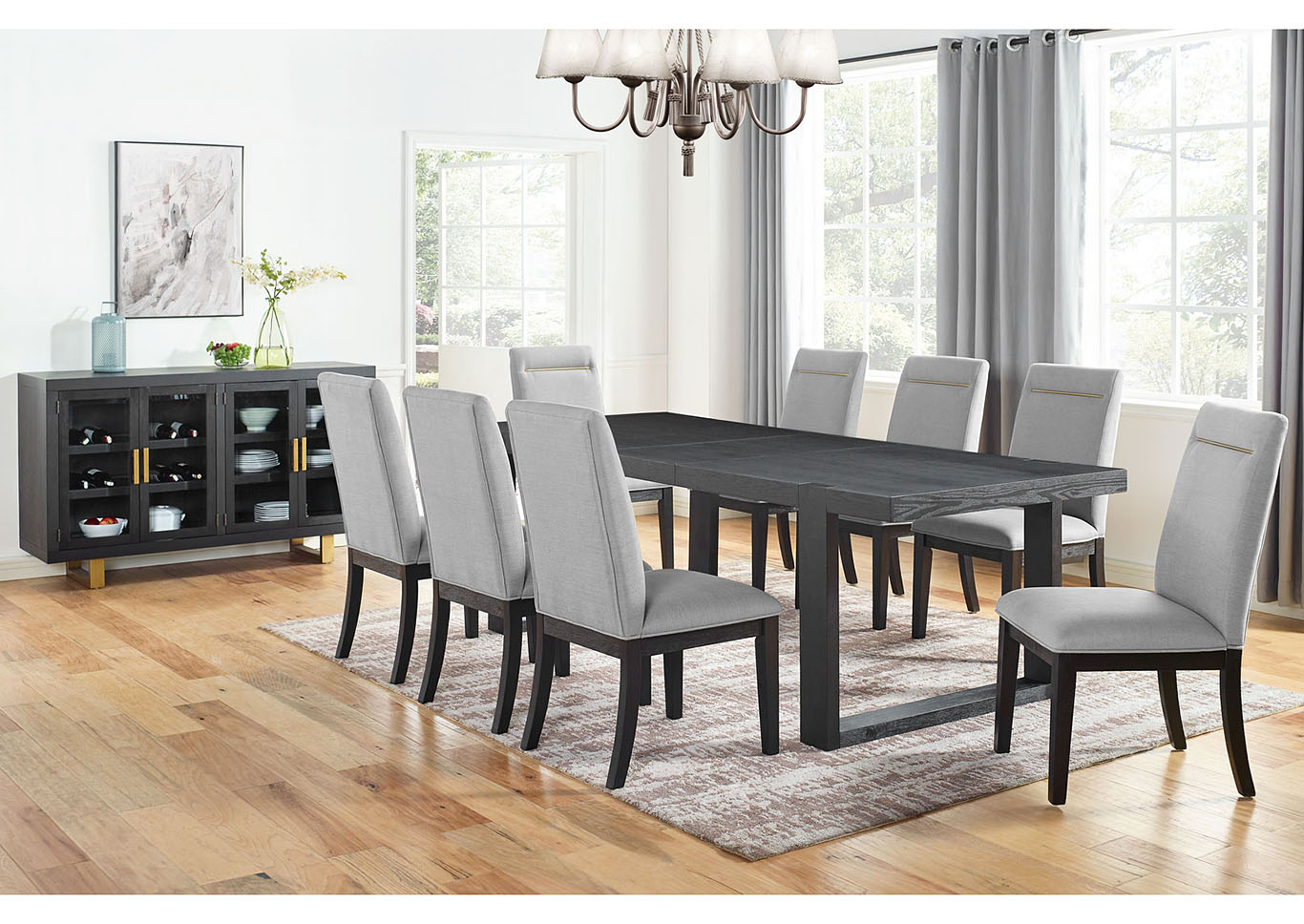 Yves Grey Rectangular Dining Set W 8 White Chairs Ivan Smith Furniture