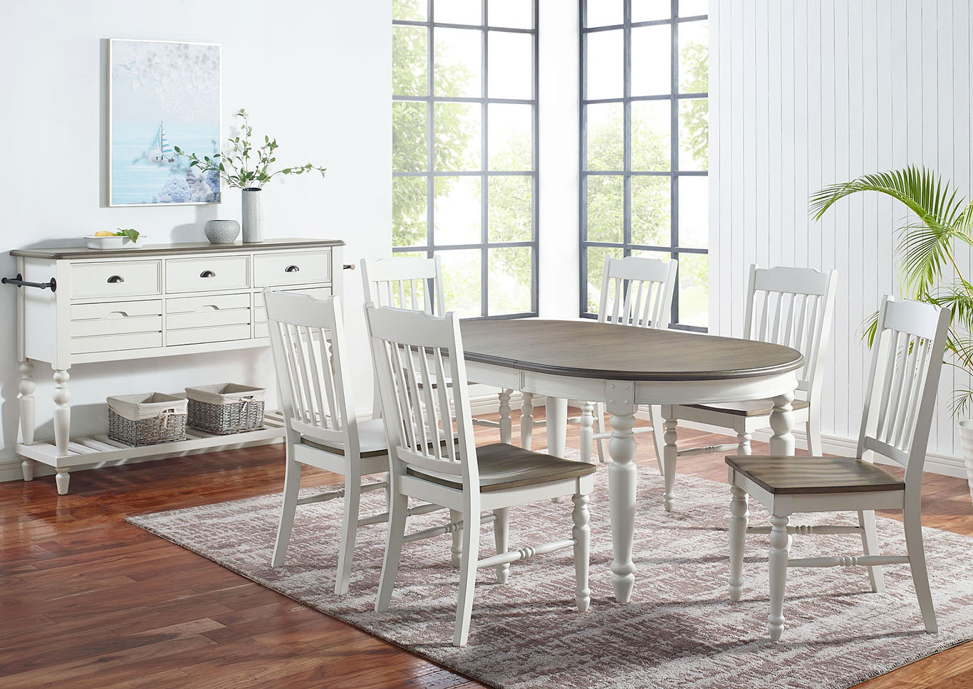 Giles Two Tone Oval Dining Set W 6 Chairs Server Maverick Wholesale Furniture