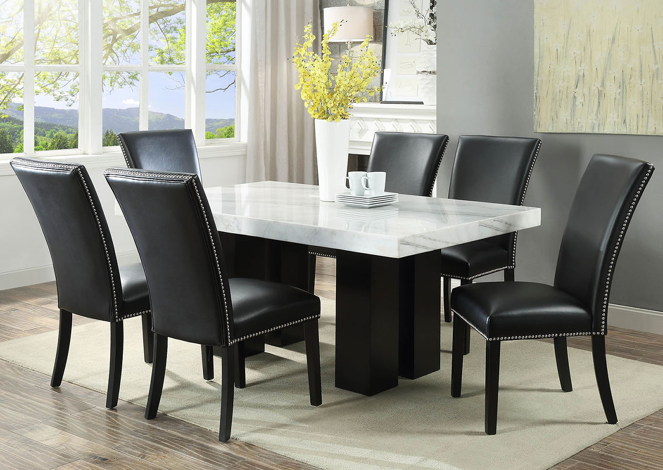 Camila Brown Rectangular Marble Top Dining Set W 6 Chairs Black Pu Ivan Smith Furniture